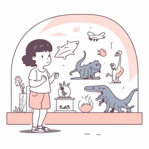 Vector illustration of little girl looking at dinosaurs in the z