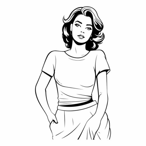 Beautiful young woman. Black and white vector illustration of be