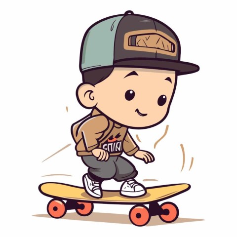 Cartoon boy riding a skateboard on white background.