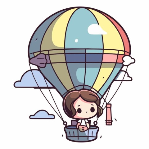 Illustration of a Cute Girl Flying on Hot Air Balloon.