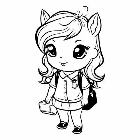 Black and White Cartoon Illustration of Cute Little Schoolgirl o