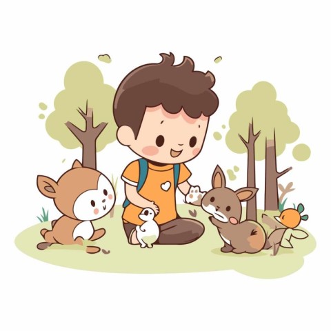 Little boy playing with little animals in the park.