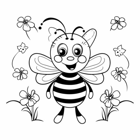 Cute cartoon bee with flowers. Black and white vector illustrati