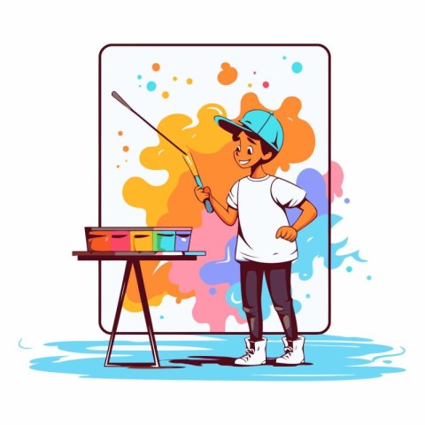 Painter boy painting with brush and paints in cartoon style vect