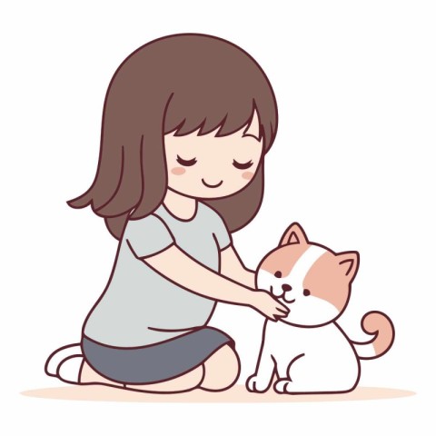 Little girl playing with her cat. Cute cartoon vector illustrati