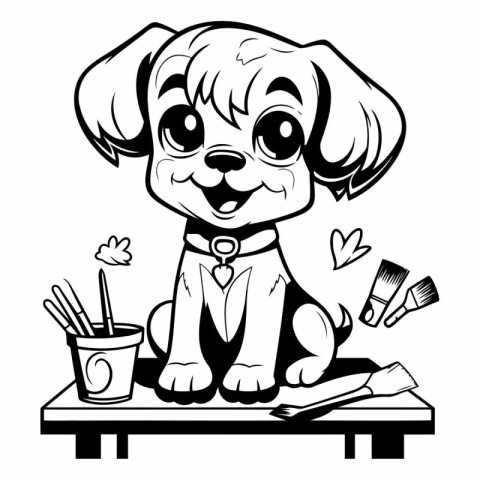 Black and White Cartoon Illustration of Cute Puppy Dog or Puppy