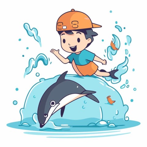 Cartoon boy playing with dolphin in the sea.