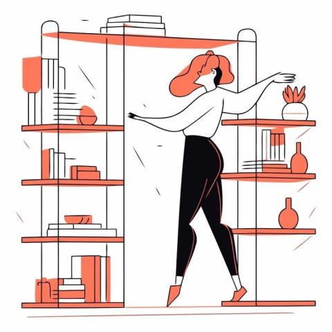 Vector illustration of a young woman standing at the shelf in th