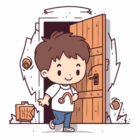 Cute boy in front of the door. Vector cartoon illustration.