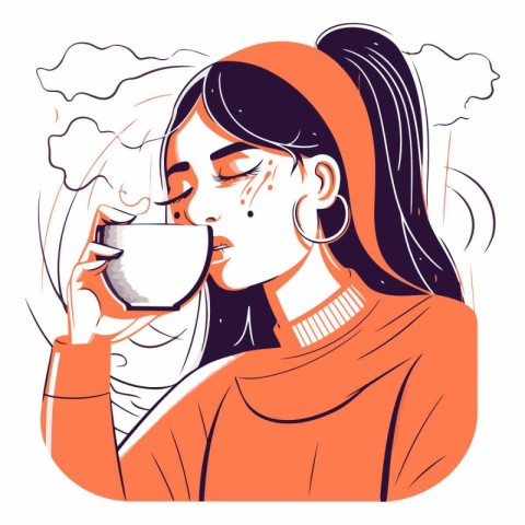 Vector illustration of a girl with a cup of coffee in her hand.