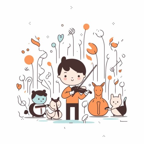 Cute little boy playing violin in the park.