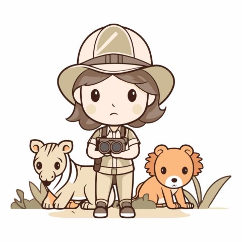 cute girl in safari outfit with cute animals vector illustration