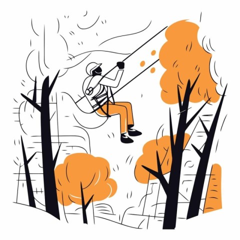 Man with a rope on the background of autumn trees. Flat vector i