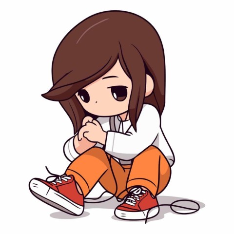 Illustration of a Cute Girl Sitting on the Floor with Sneakers