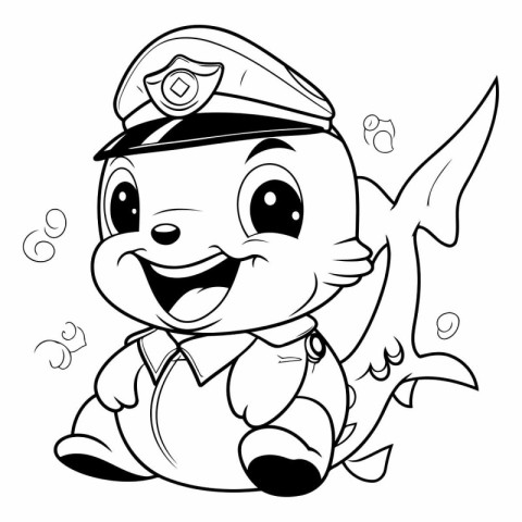 Black and White Cartoon Illustration of Cute Baby Shark Sailor C