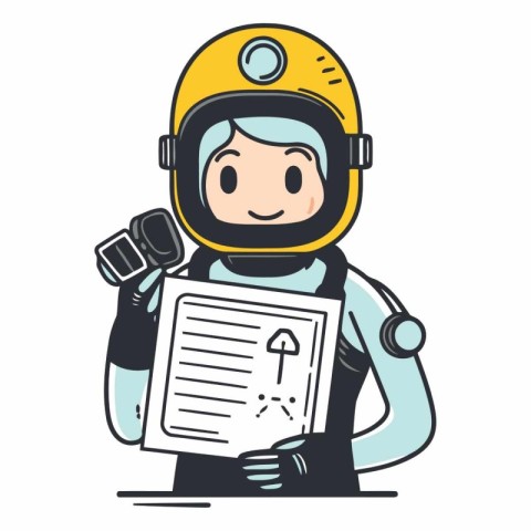 Astronaut in helmet with checklist of cartoon character.