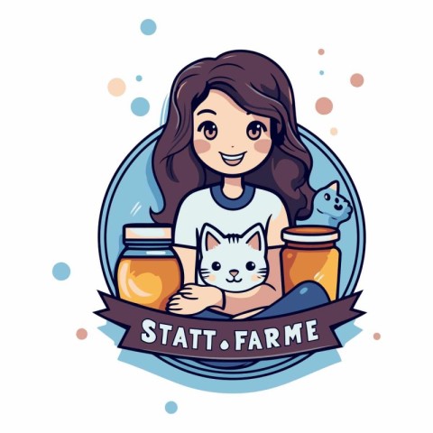 Cute girl with cat and jar of food cartoon vector illustration g