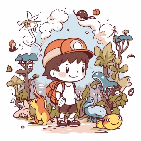 Boy with a backpack in the forest. Cute vector illustration.