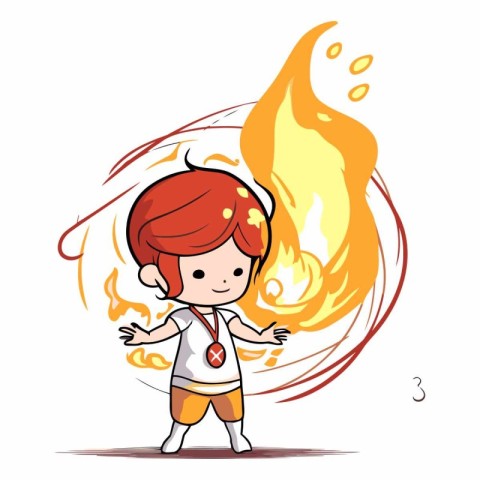 Little boy with a red hair in the fire.