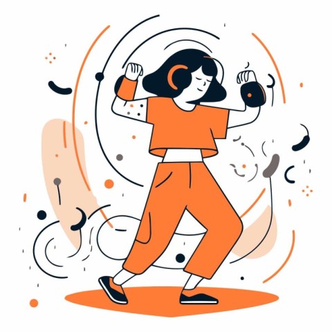 Vector illustration of a girl dancing and listening to music wit