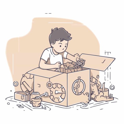 Cute little boy playing with toys in cardboard box.