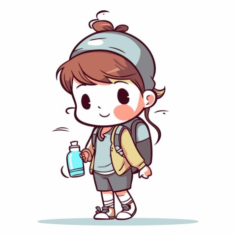 Illustration of a Cute Girl Wearing Backpack with a Bottle of Wa