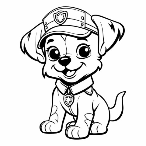 Cute Cartoon Police Dog - Black and White Vector Illustration.