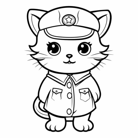 Black and White Cartoon Illustration of Cute Cat Police Officer