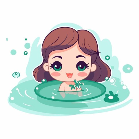 Little girl in the water. Cute cartoon character.