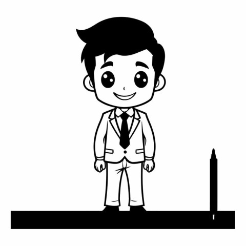 Businessman cartoon in black and white graphic design.