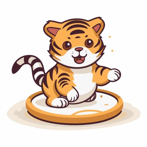 Cute tiger sitting on a plate isolated on white background.