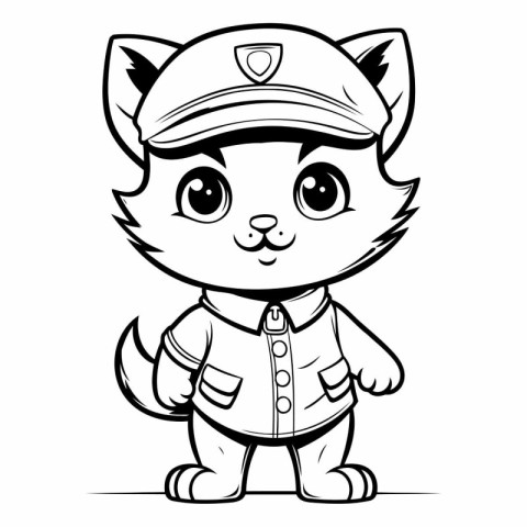 Black and White Cartoon Illustration of Cute Cat Policeman Chara