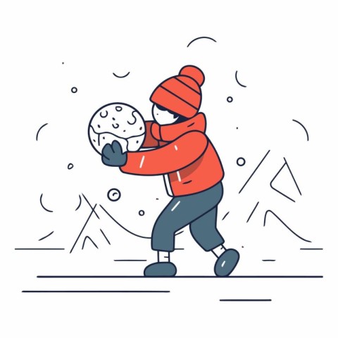 Vector illustration of a man playing snowballs in winter. Line a