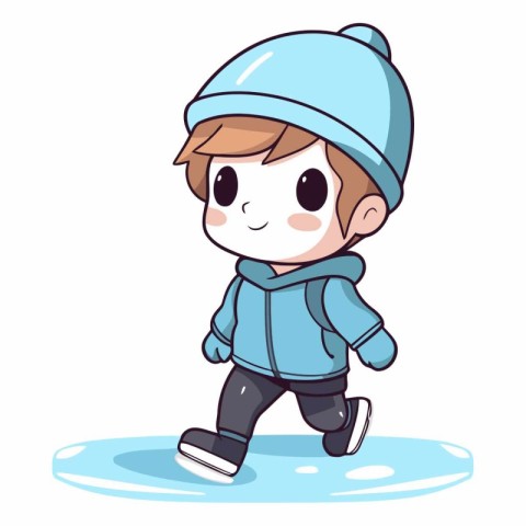 Cute little boy skating on ice in a flat style.