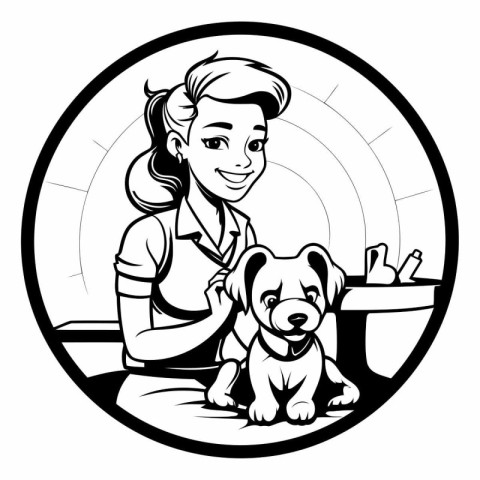 Vector illustration of a woman with a dog in a veterinary clinic