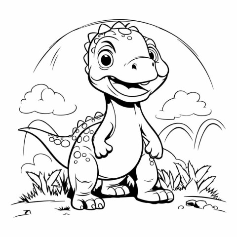 Cute dinosaur in the field for coloring book.