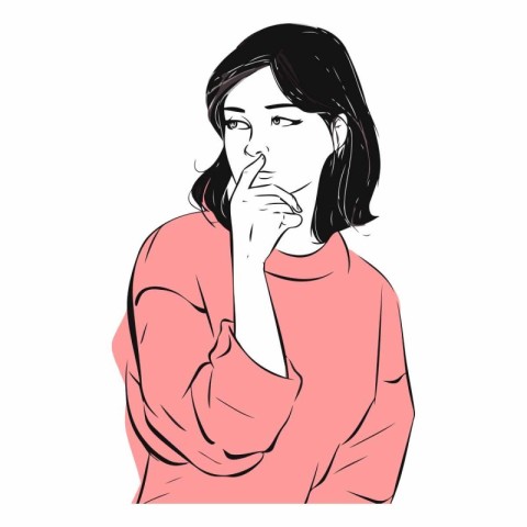 Vector illustration of a woman in a pink hoodie thinking about s