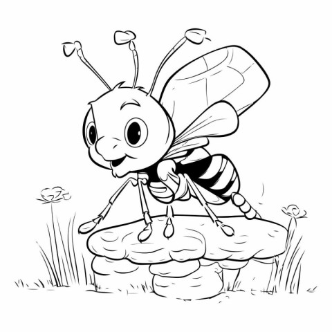 Black and white illustration of a cartoon bee standing on a rock