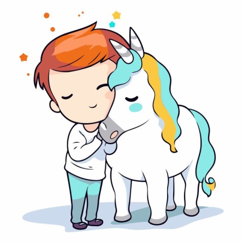 Cute little boy kissing a unicorn of a boy and a unicorn.