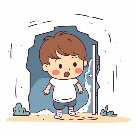 Boy walking in cave with spear in cartoon style.