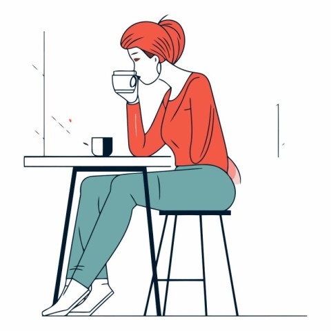 Woman sitting at the table and drinking coffee in sketch style.