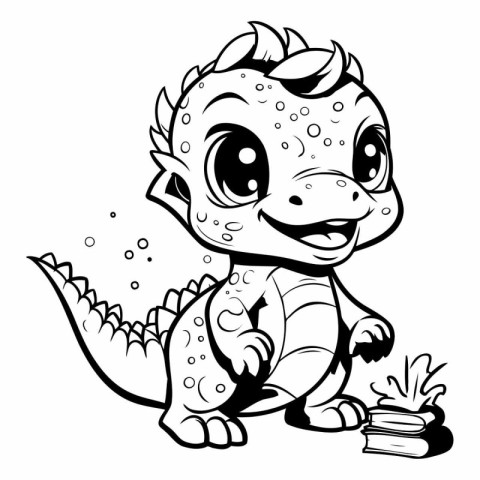 Cute baby Dinosaur - Black and White Cartoon Illustration. Vecto