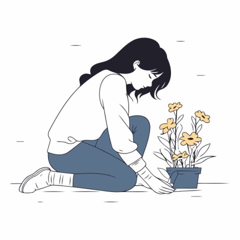 Illustration of a sad woman sitting on the ground and looking at