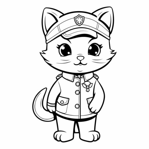 Black and White Cartoon Illustration of Cute Cat Police Officer