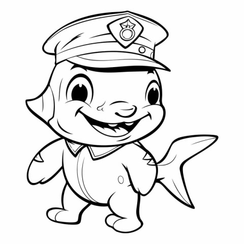 Black and White Cartoon Illustration of Cute Little Fish Police