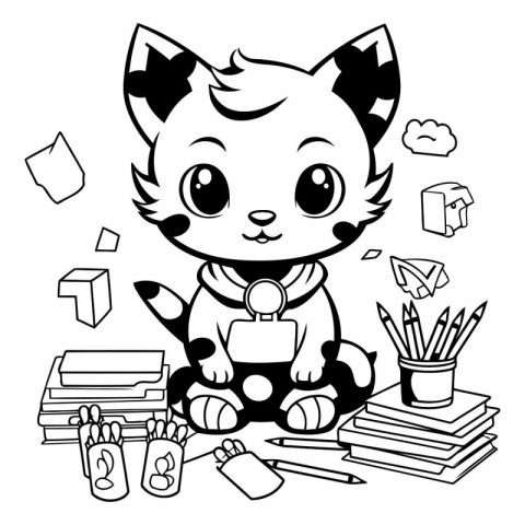 Black and White Cartoon Illustration of Cute Little Cat with Sch