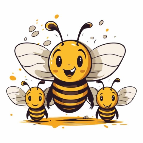 Cute cartoon bee with bees on white background.