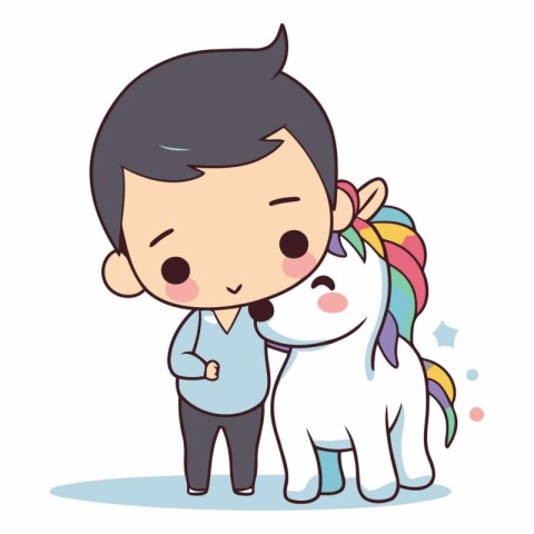 cute little boy with unicorn cartoon vector illustration graphic