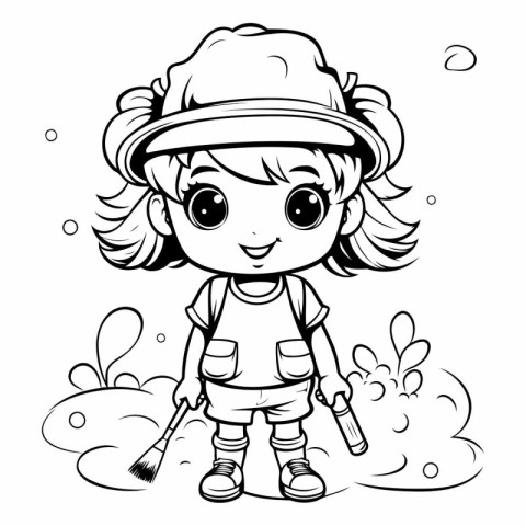 Black and White Cartoon Illustration of Cute Little Gardener Gir