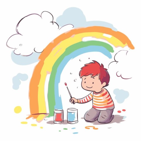 Cute little boy painting a rainbow. Hand drawn vector illustrati